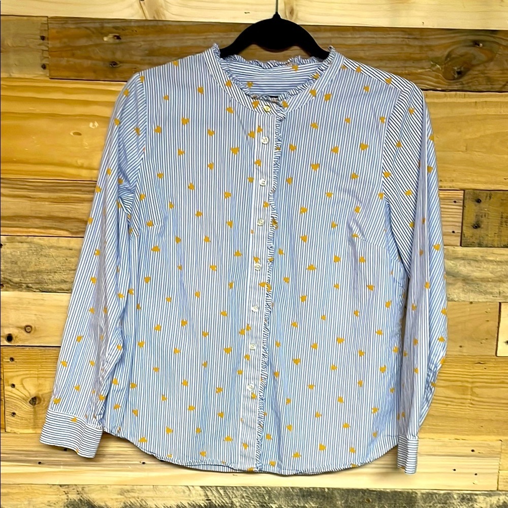 Talbots size MP Blue and White Stripe with Gold Hearts Ruffled Button Down Shirt